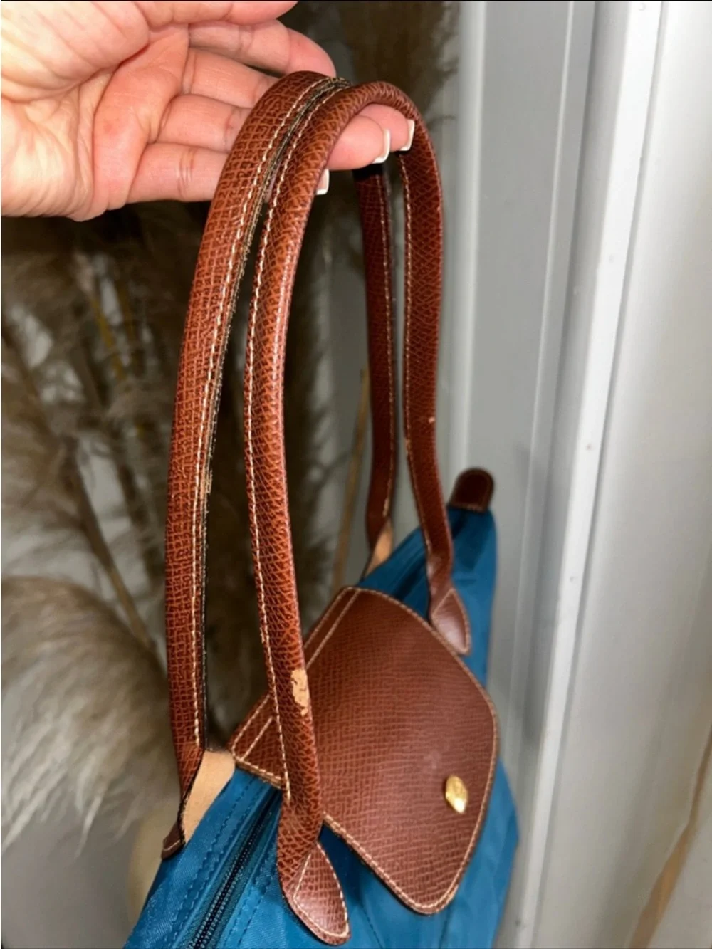 Longchamp Small Tote in Teal with Brown Leather Trim - Picture 4 of 6